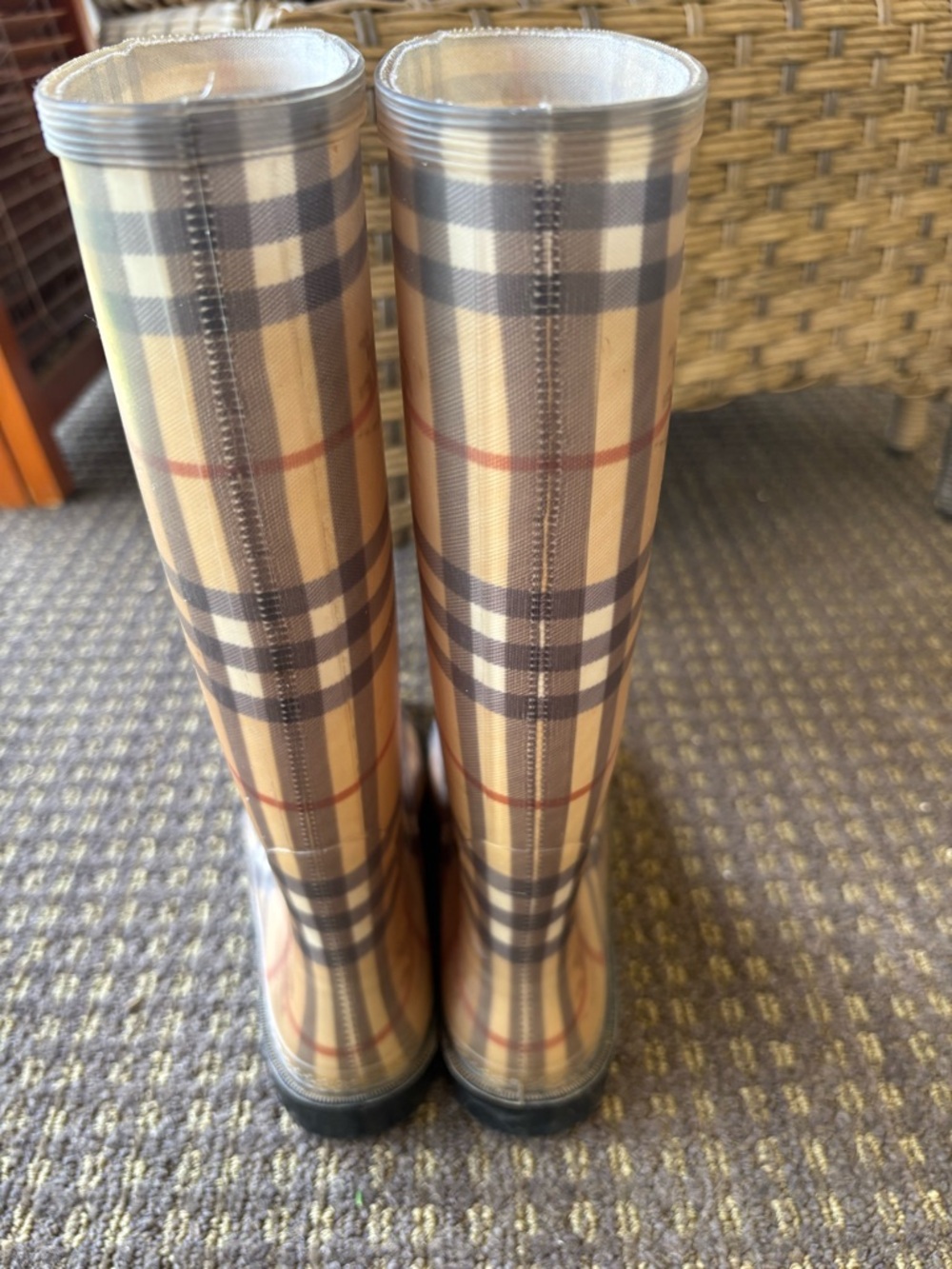 Burberry Beige Plaid Tall Rain Boots with Black Trim - Picture 4 of 5